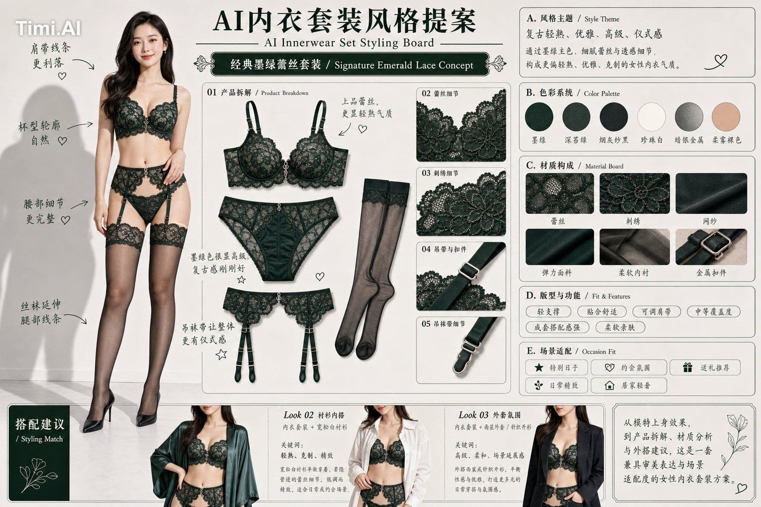 请根据用户输入的【内衣主题 / 色系 / 风格方向】,创作一张横向 4:3 的高完成度中文版「AI内衣套装风格提案 /