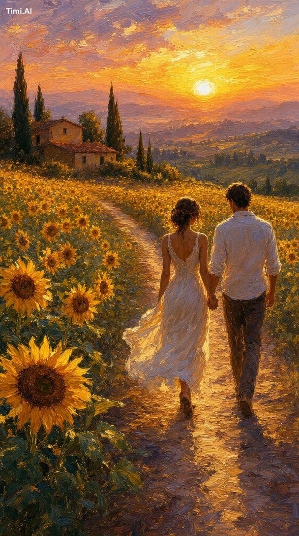 A romantic, impressionist-style painting depicts a couple wa