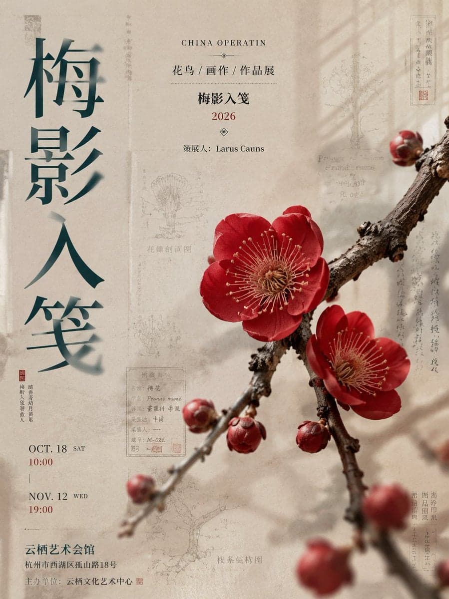 生成一张竖版 3:4 新中式高端展览海报，主题为[主题名称]，像真实美术馆 / 文化馆精品展览海报。

左侧超大竖排中文