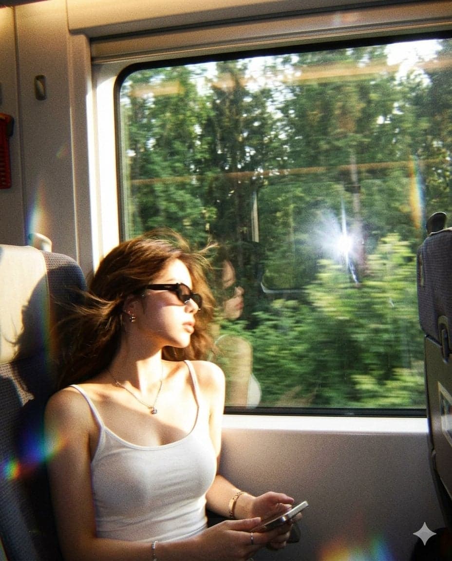 A candid quiet train-window moment during golden afternoon l