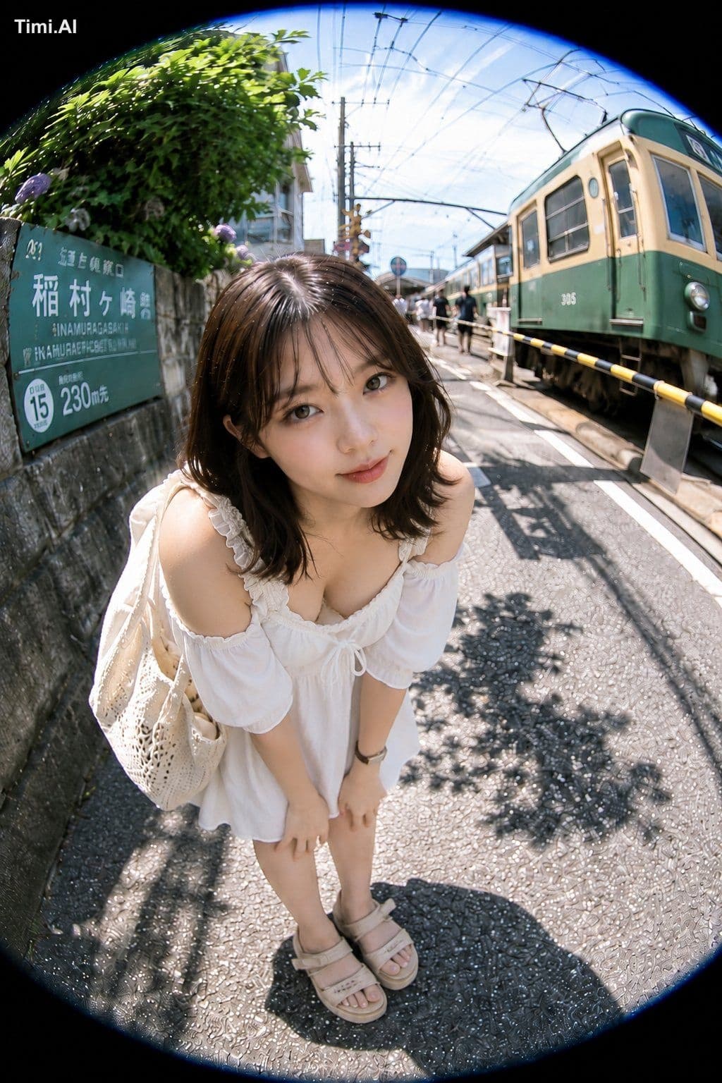 線路沿いのまぶしさまで、魚眼レンズにぎゅっと閉じ込めて。
白いワンピースと江ノ電の緑が、夏の駅前で少しだけ跳ねている �