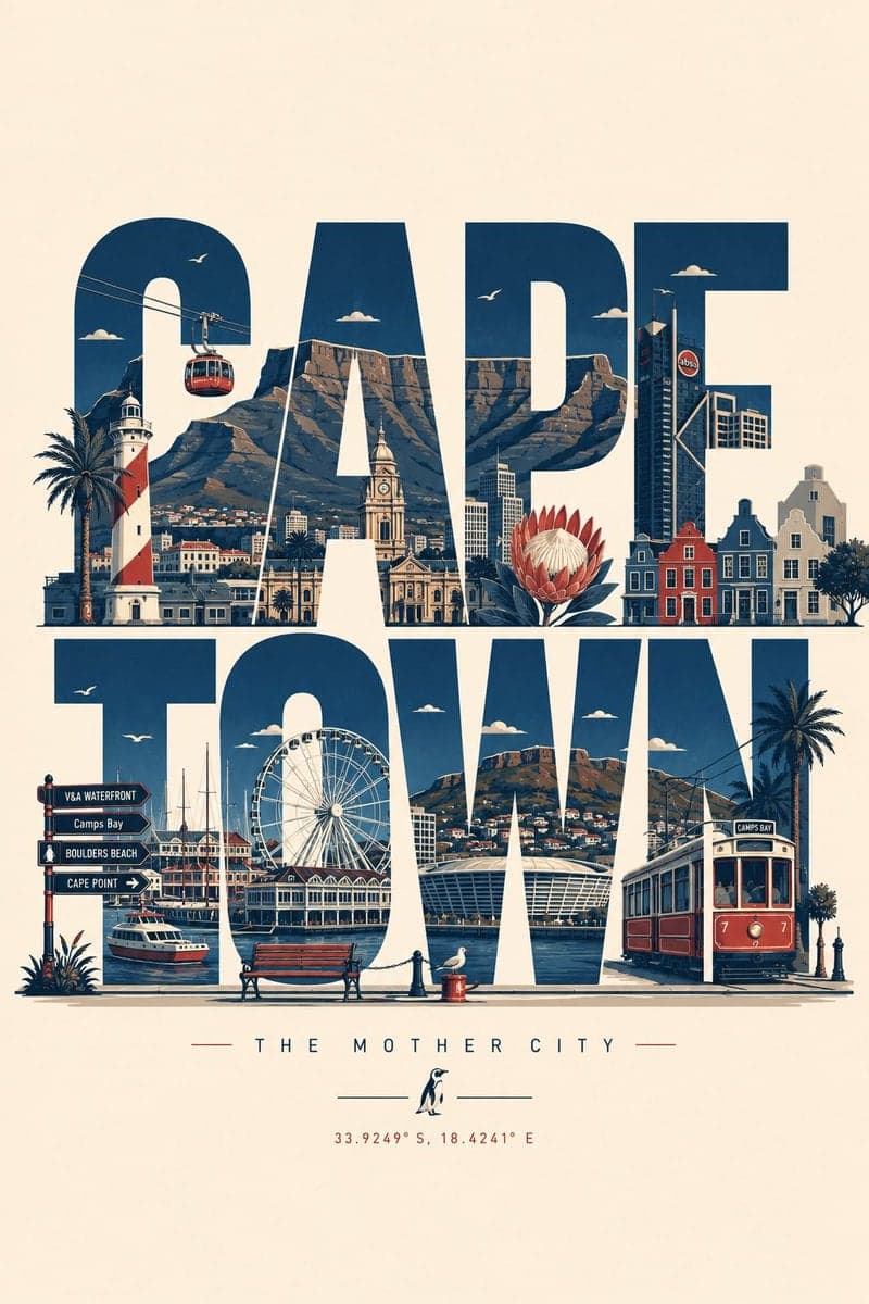 Create a clean, modern typographic travel poster where the c