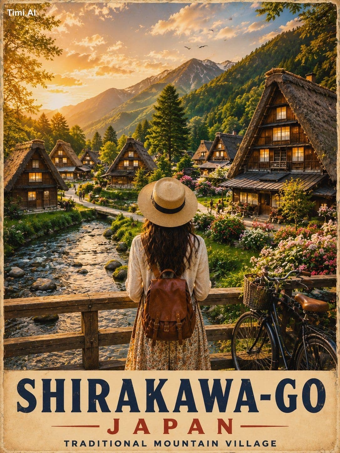A breathtaking vintage-style travel poster of Shirakawa-go, 