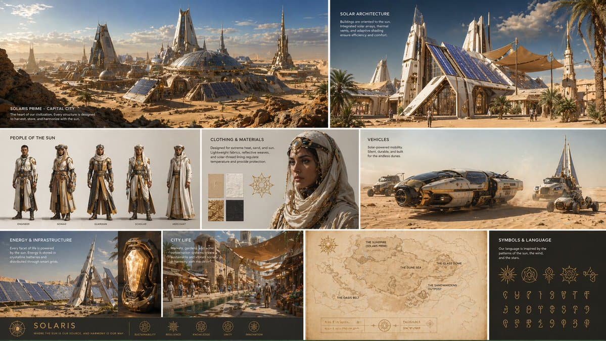 Create a complete visual worldbuilding set for a futuristic
