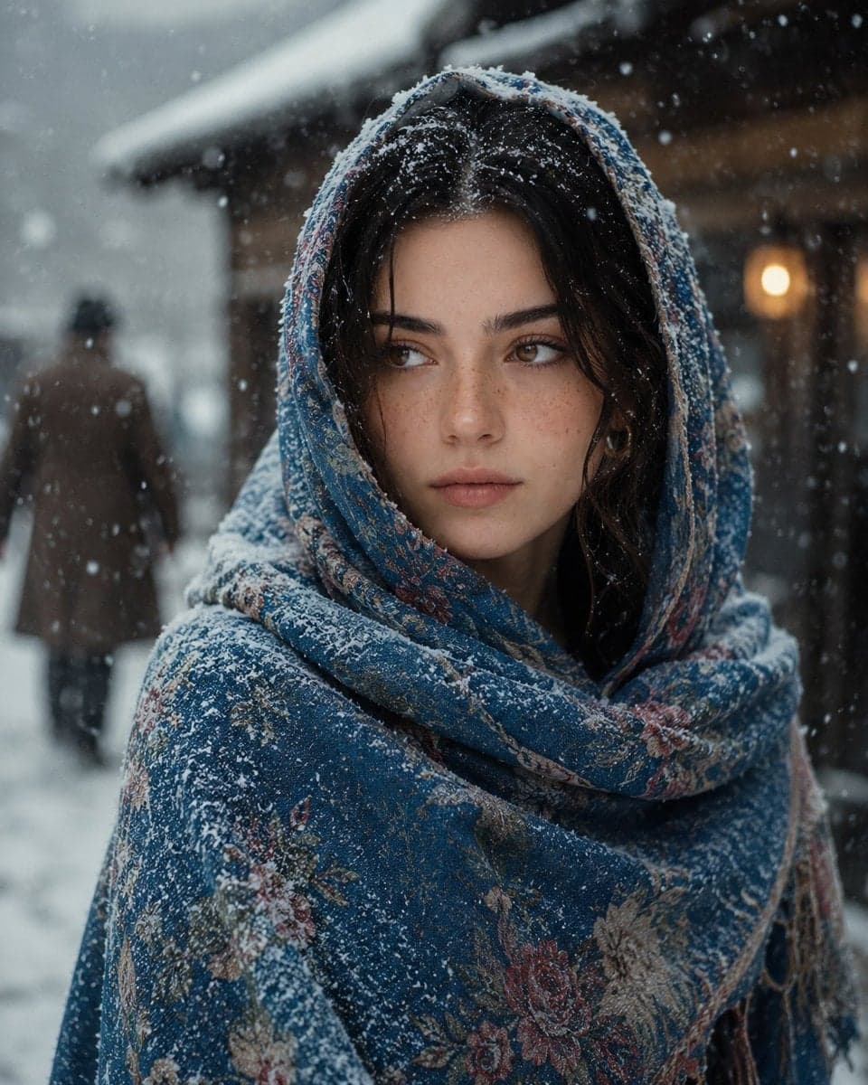A cinematic portrait of a young woman standing in a snowy vi