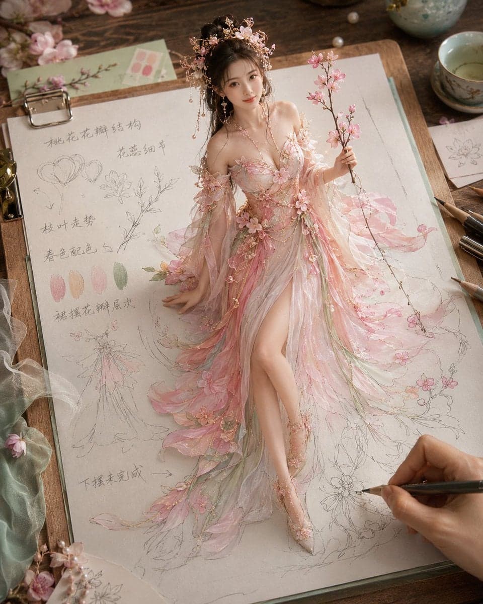 生成一张《纸上成真 · 四时花神衣谱》风格图片，4:5 竖版。

主题为[花神主题]。画面是一张高级米白色花神服饰设定稿