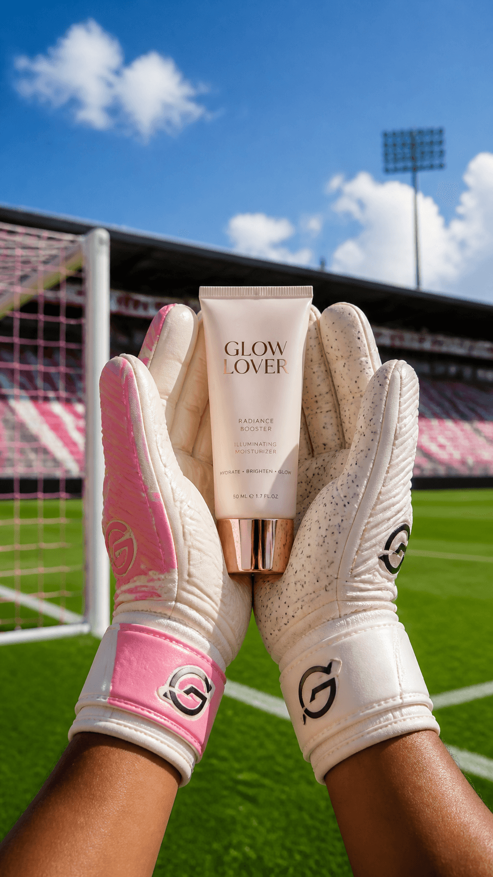 A pair of goalkeeper gloves, one with pink accents, is held 