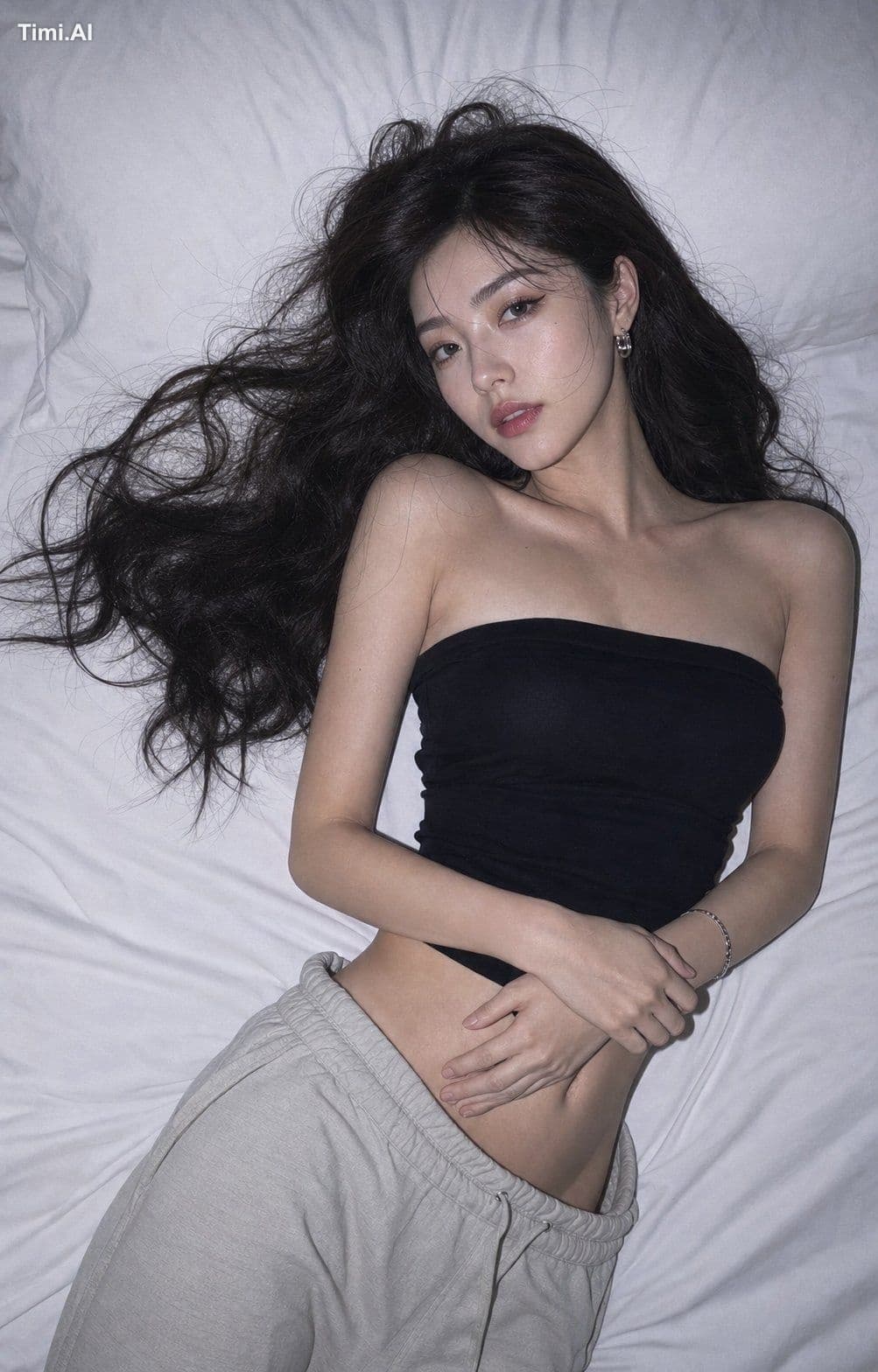 生成一张【俯拍直闪情绪写真】风格的成年女性时尚人像，画幅比例为【画幅比例】。

画面设定：
人物躺在干净的【床面类型】上