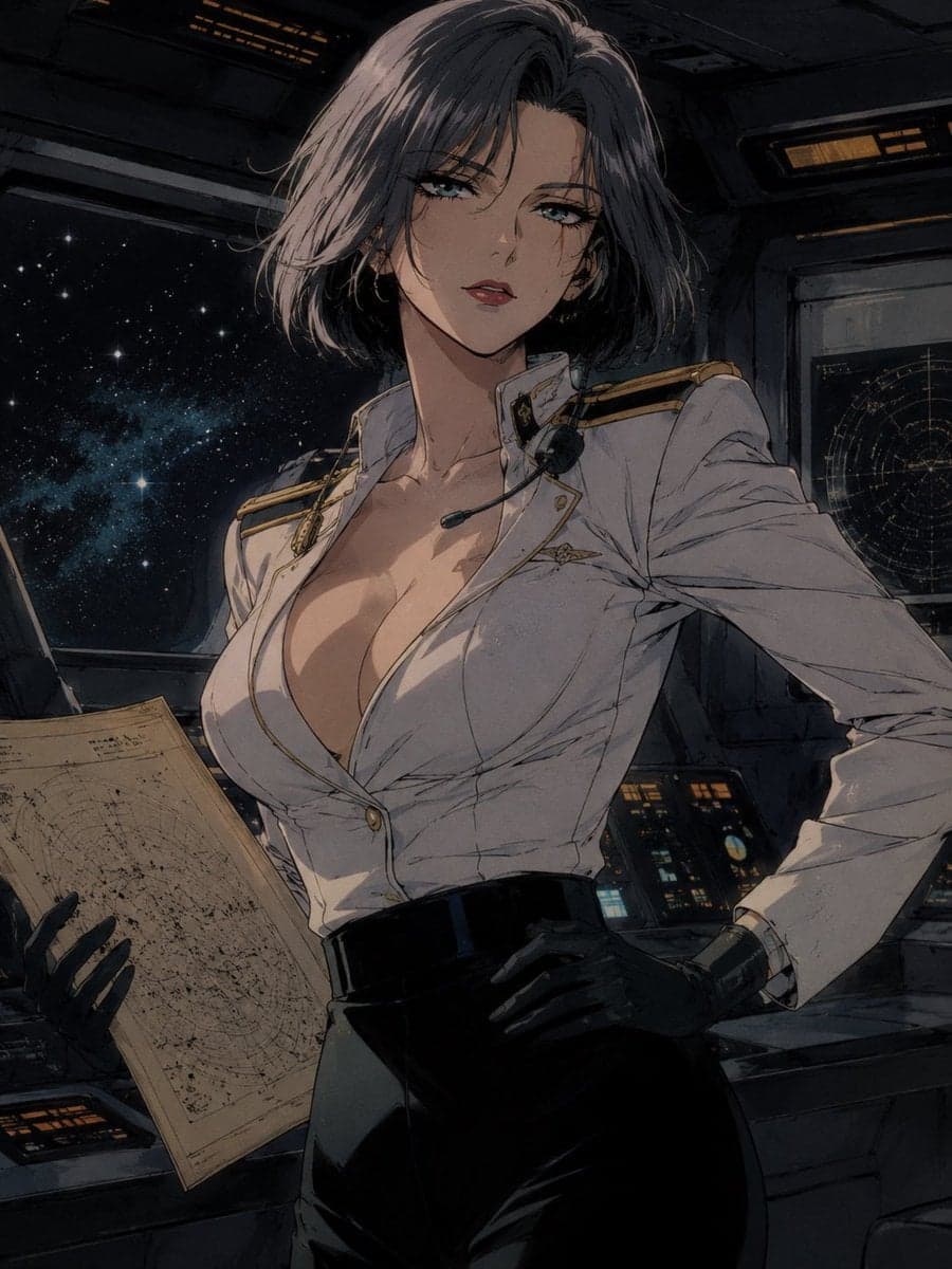 A beautiful adult woman, age 30, with retro space captain en