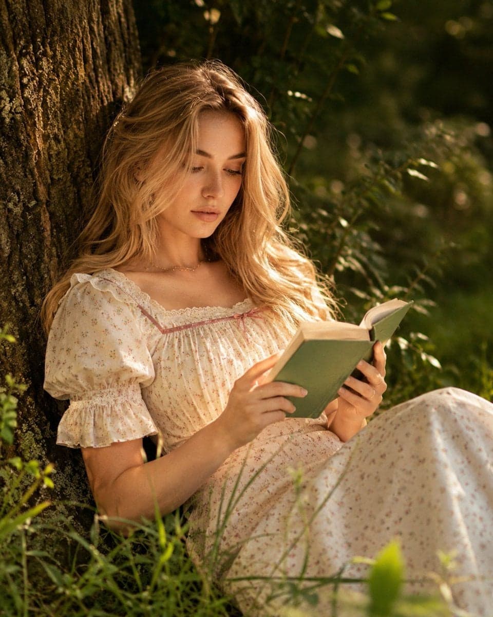 A dreamy cottagecore editorial portrait captured during gold
