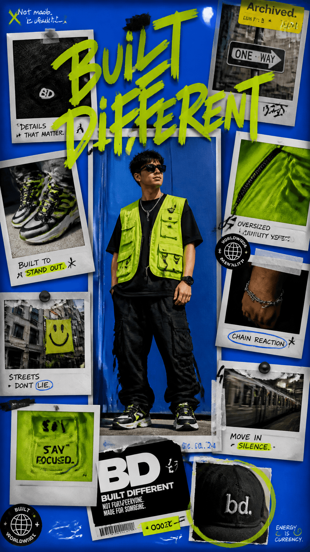 A premium 9:16 streetwear campaign poster.Main Subject:
A co