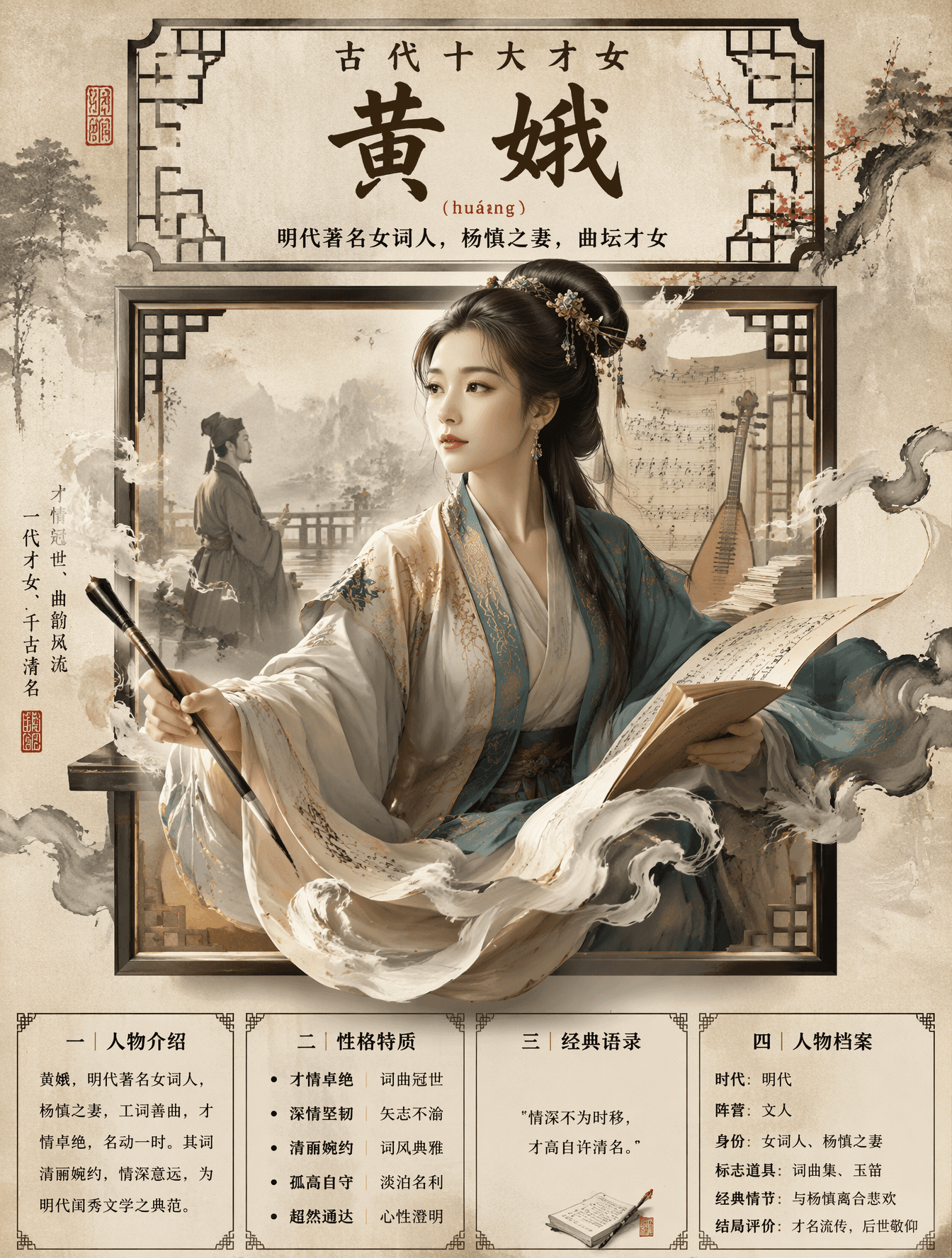 请生成一张【中国古典人物高端国风信息海报】。【人物】人物名称:{黄娥}【前置分析要求】请先基于该人物在中国古典文学、历史