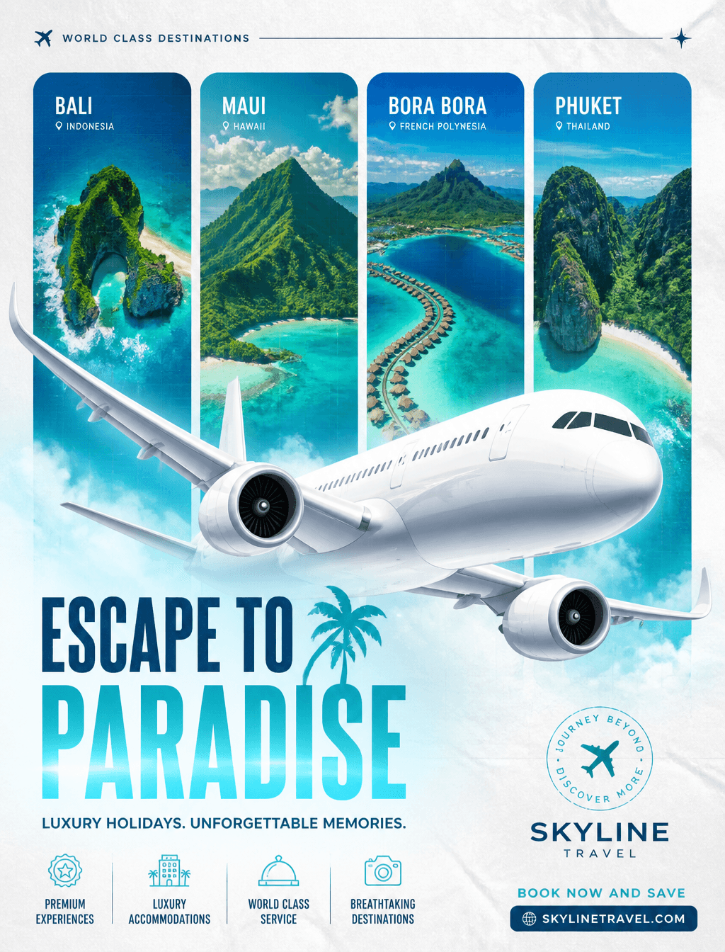 A high-gloss travel promotion poster features a sleek, white