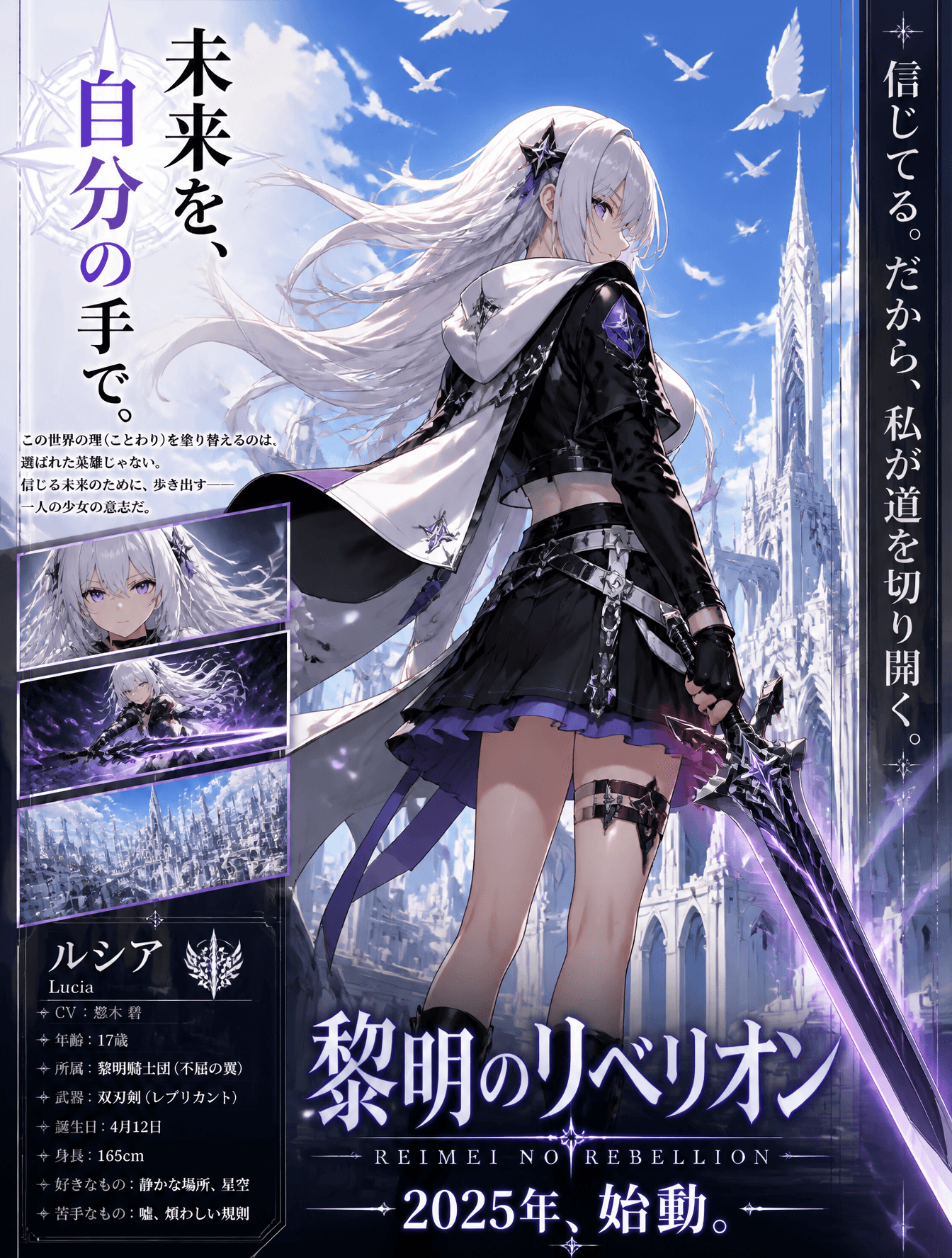 A polished anime-style vertical key visual poster for a futu