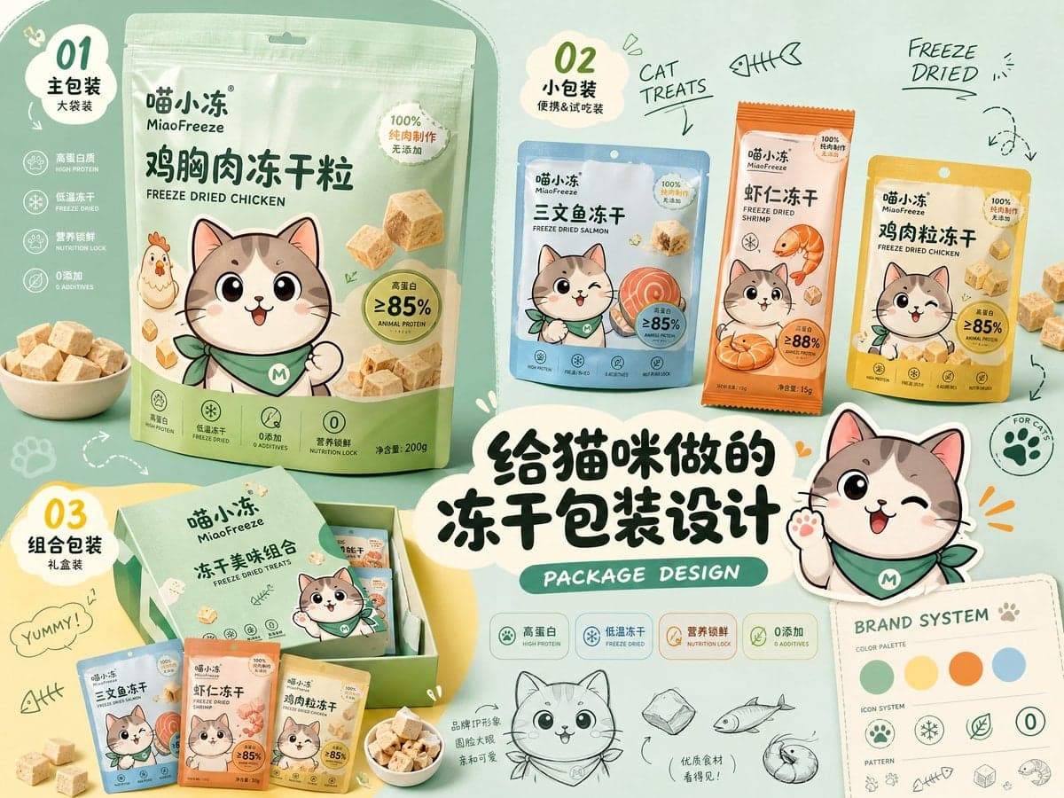 请生成一张横向4:3高清「品牌包装设计提案速览」。

【主题】：[产品主题]
【品牌名】：[品牌名]
【系列名称】：[系