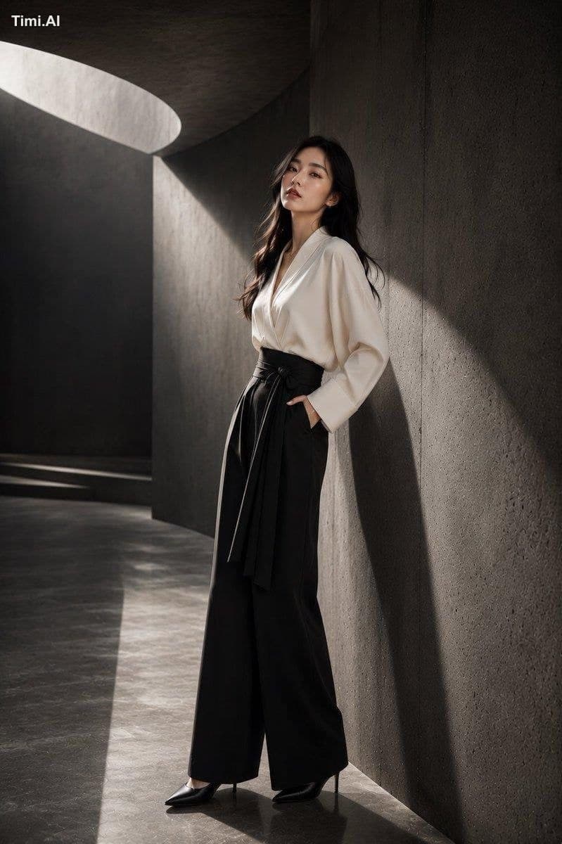 A stunning young Japanese woman in a high-end fashion studio