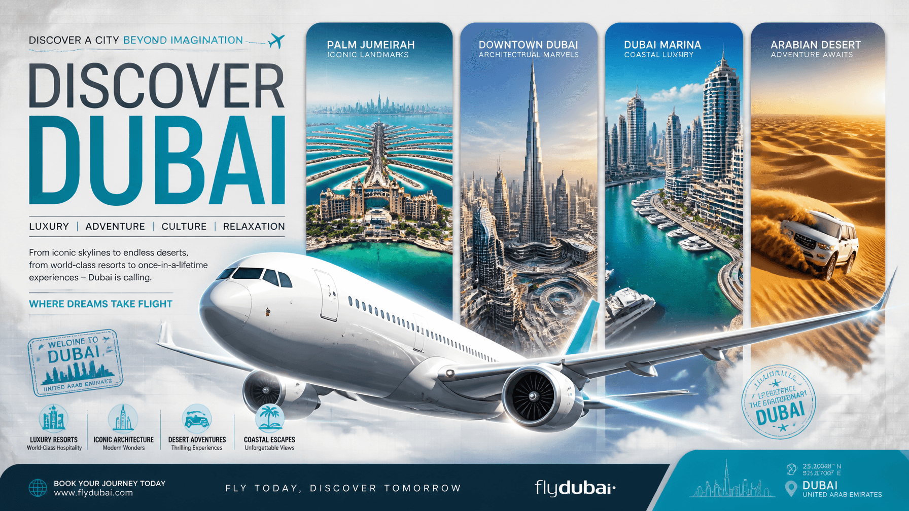 A high-gloss luxury travel promotion poster for Dubai featur
