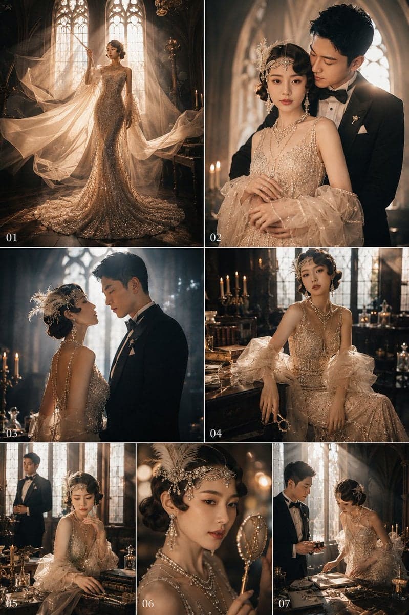 请基于用户上传的两位成年人清晰生活照,生成一张「Gatsby 风格 / 1920s Art Deco 风格」的超高预算婚