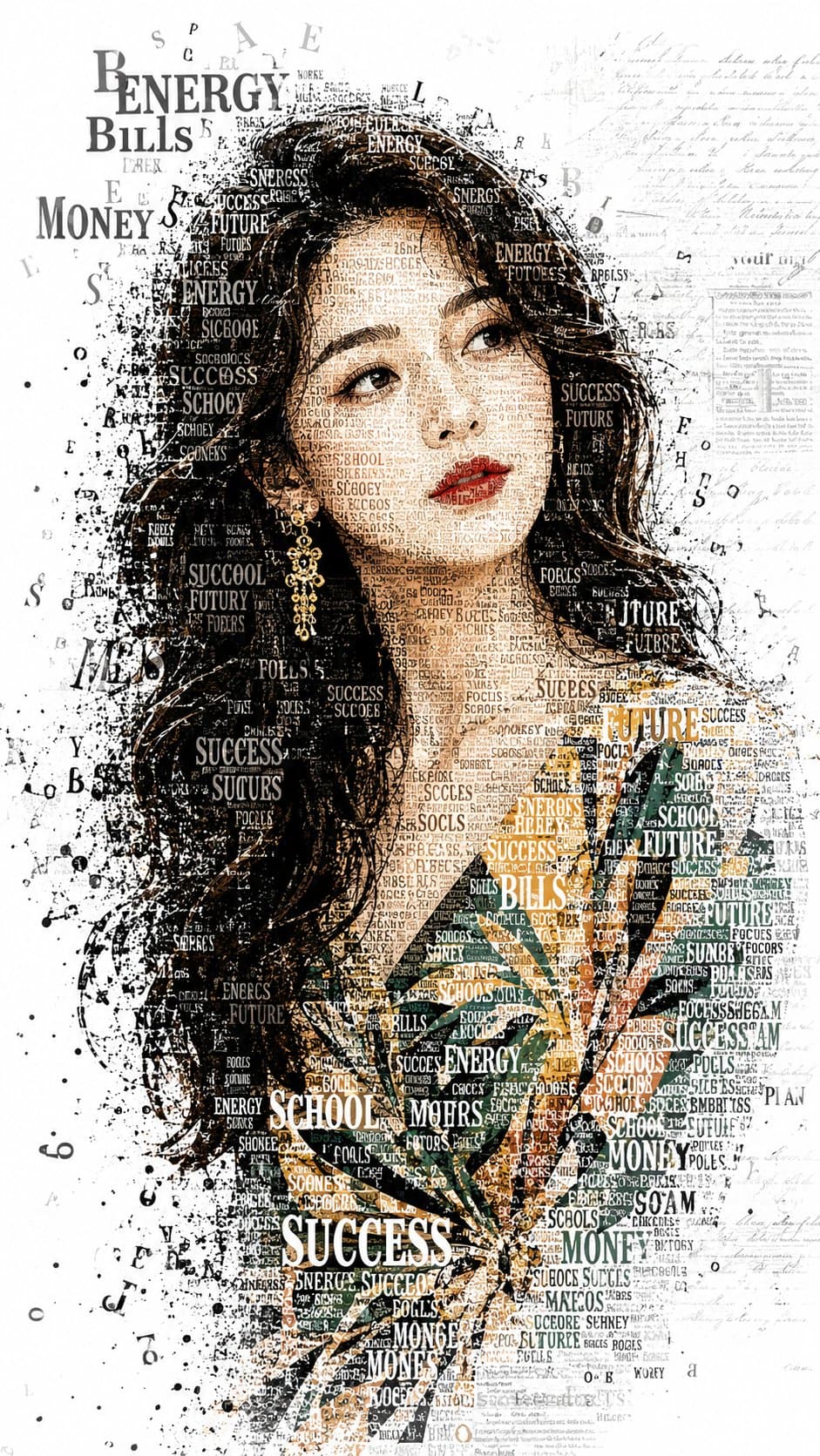 A striking typographic portrait of a young woman with a thou