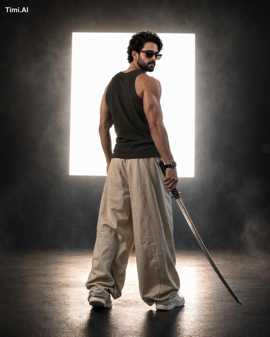 Full-body cinematic studio portrait of an athletic man From