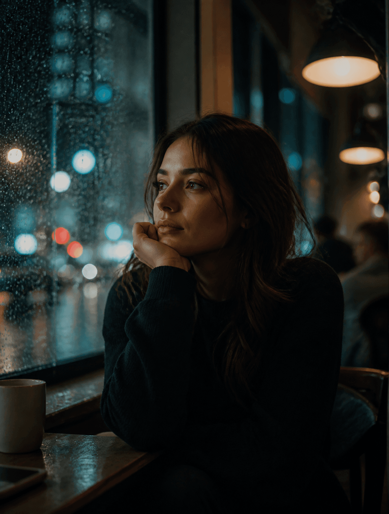 Ultra-realistic cinematic portrait of a person sitting besid