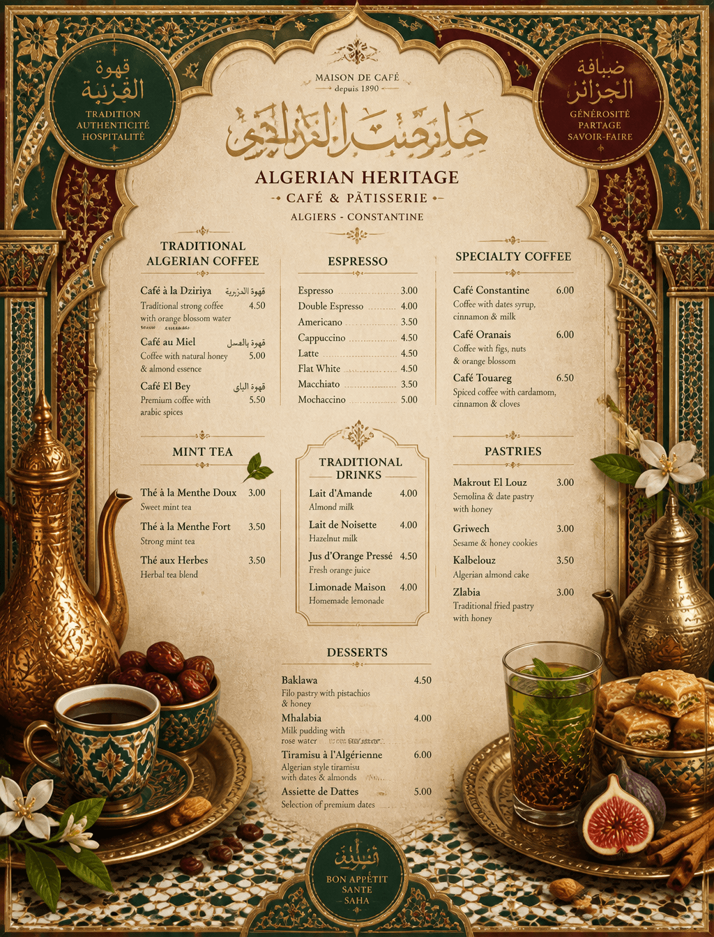 Luxury maximalist coffee shop menu design inspired by Algeri