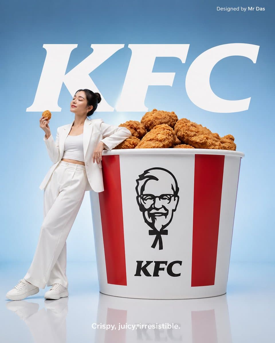 Minimalist commercial ad featuring oversized KFC bucket, ult