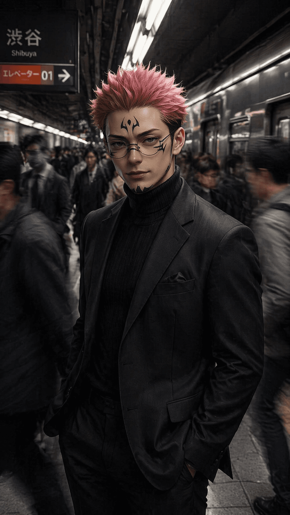 Cinematic portrait of a stylish man standing on a busy subwa
