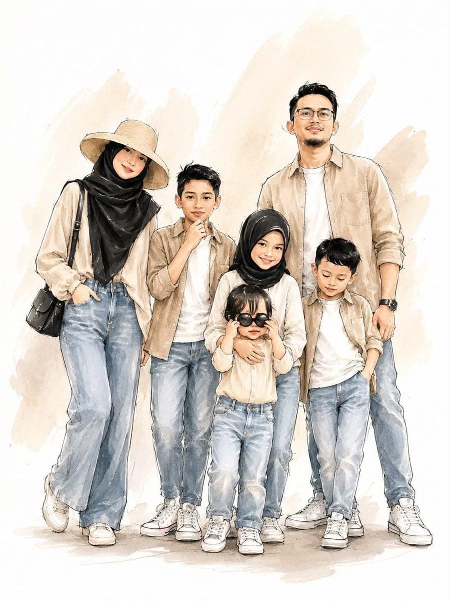 A stylish family standing together, digital watercolor and i