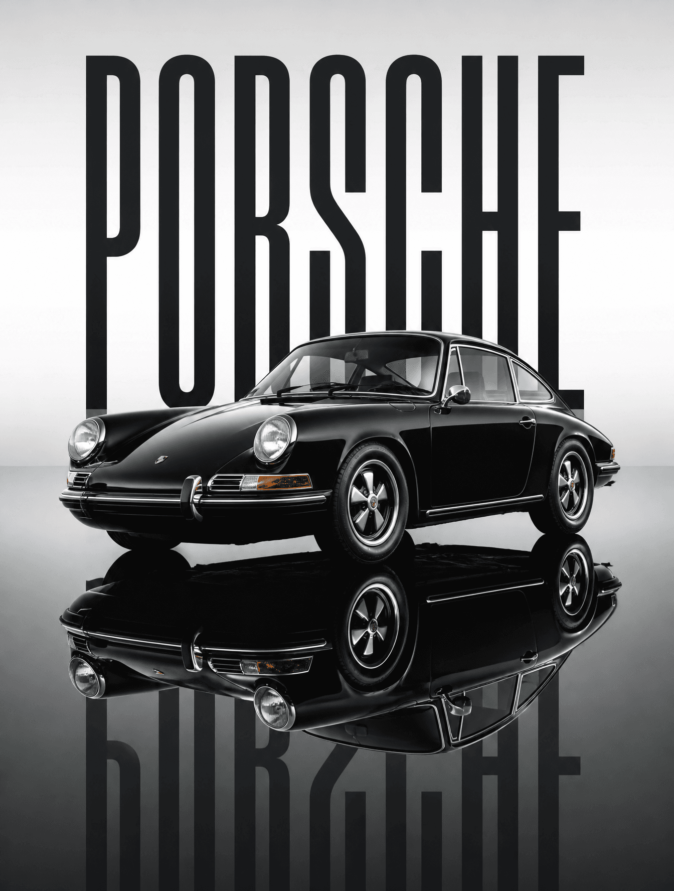 A pristine black 1969 porsche  sits stationary on a dark, mi