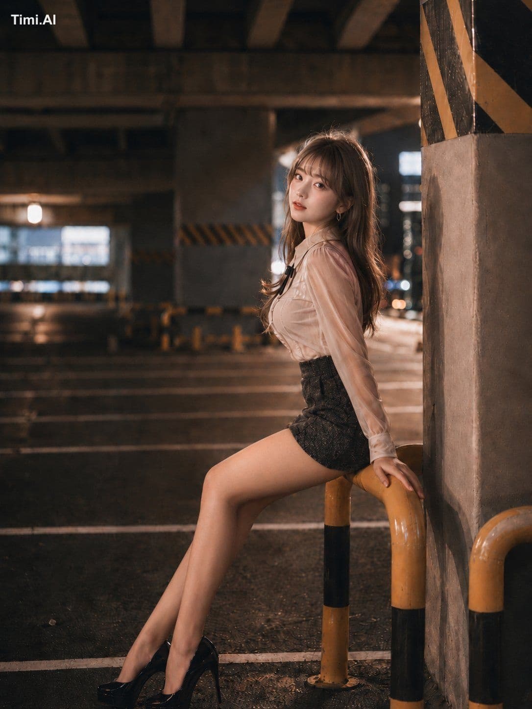 縦長4:5の写真。夜の立体駐車場で、若い女性が画面右側の黄色と黒のガードレールに腰掛けている。人物は全身が入る大きさで、