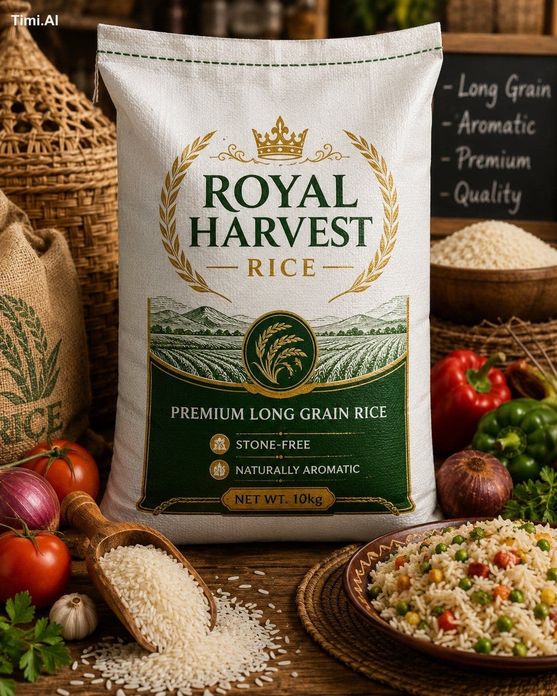 Create a premium rice bag packaging mockup with a realistic 