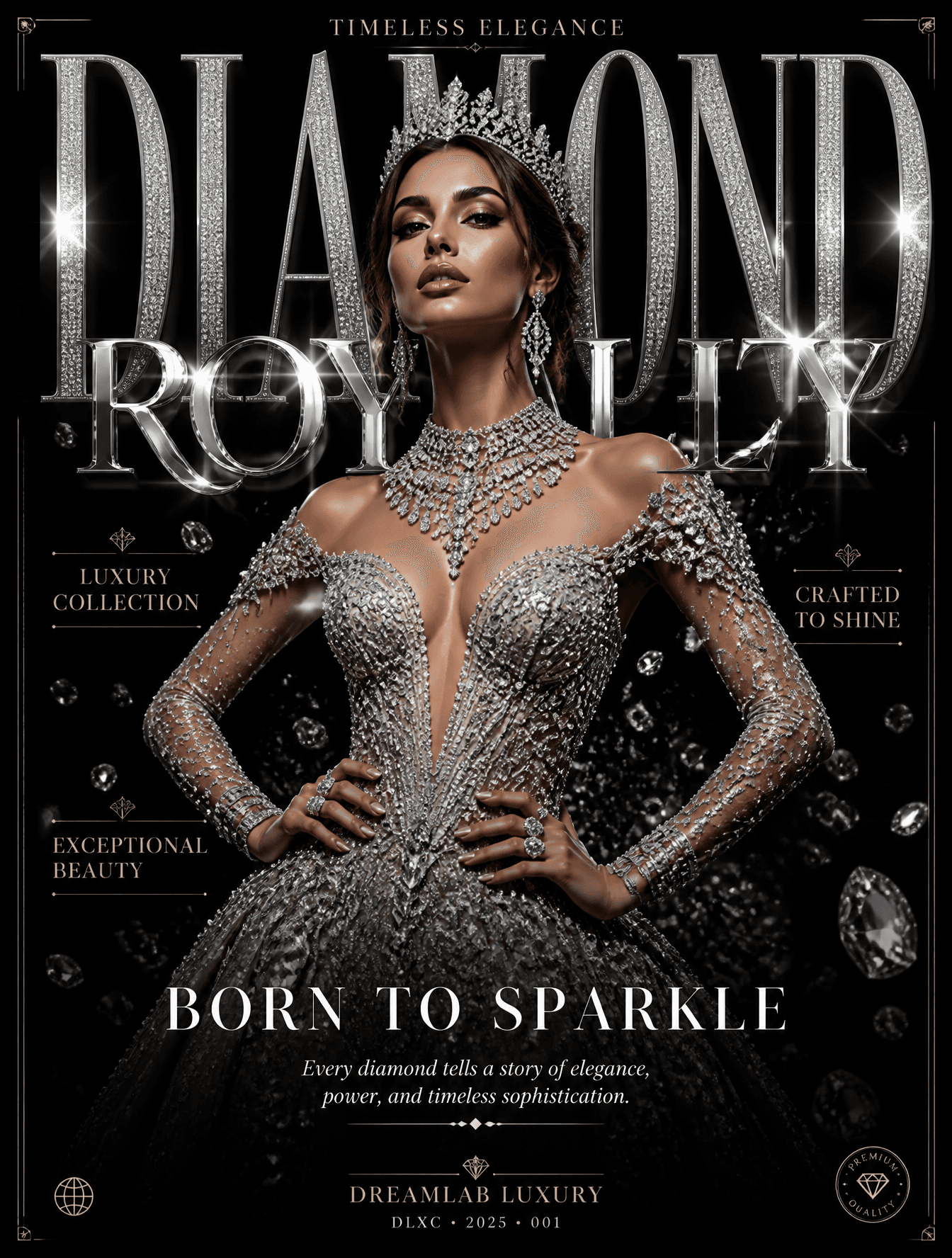 Ultra-luxury fashion editorial poster on a clean black backg
