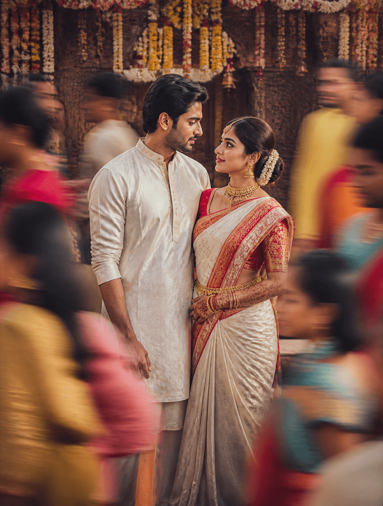 A cinematic Gujarati wedding scene featuring a man and woman