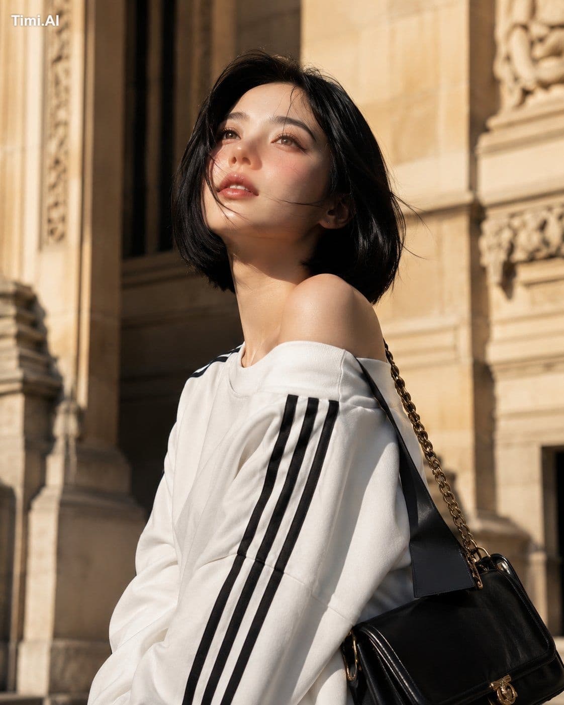 A cinematic portrait of a young woman with a sleek black chi