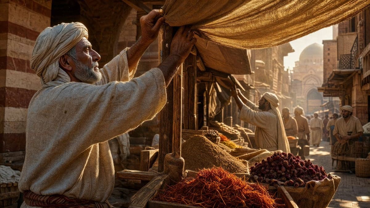 A bustling 14th-century Egyptian spice market at early morni