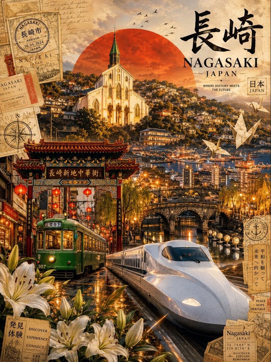 Ultra-viral cinematic travel poster of Nagasaki, Japan, desi