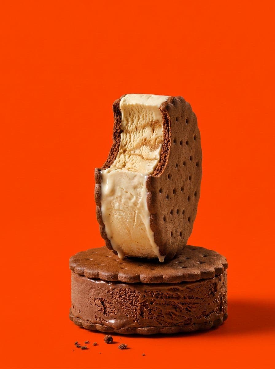 "A studio food still-life of two chocolate ice-cream sandwic