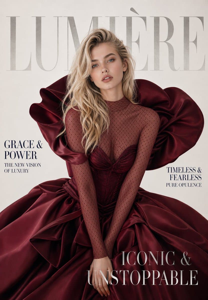 A luxury high-fashion magazine cover. Magazine name at the v