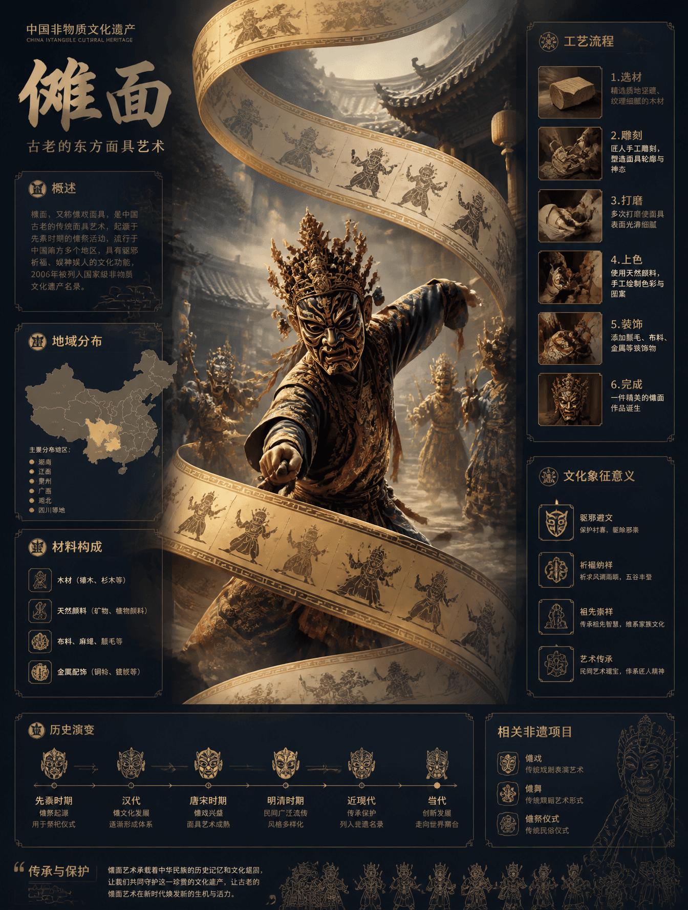 中国非物质文化遗产信息图海报,竖版3:4构图画面中心:展示傩面的核心场景(工艺制作/表演/人物操作),具有强叙事感视觉主