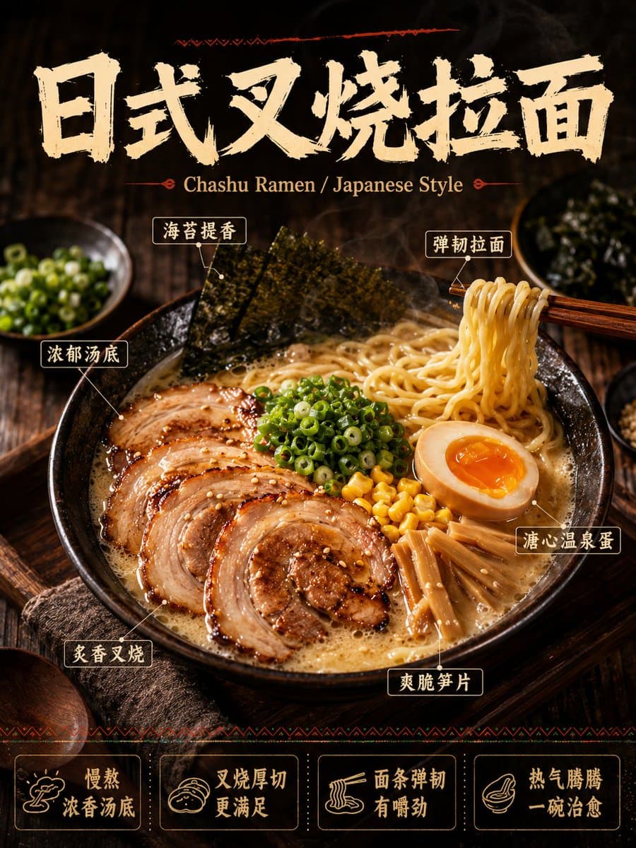 请生成一张高完成度的「中文主导餐饮商业美食海报」。 品类:[主题品类] 主标题:[中文主标题] 副标题:[英文辅助副标题