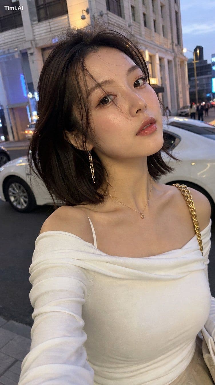 iPhone 16 Proで撮影したリアル自撮り写真、20代東アジア系美女、自然な街中スナップ。肩までのダークブラウンボ