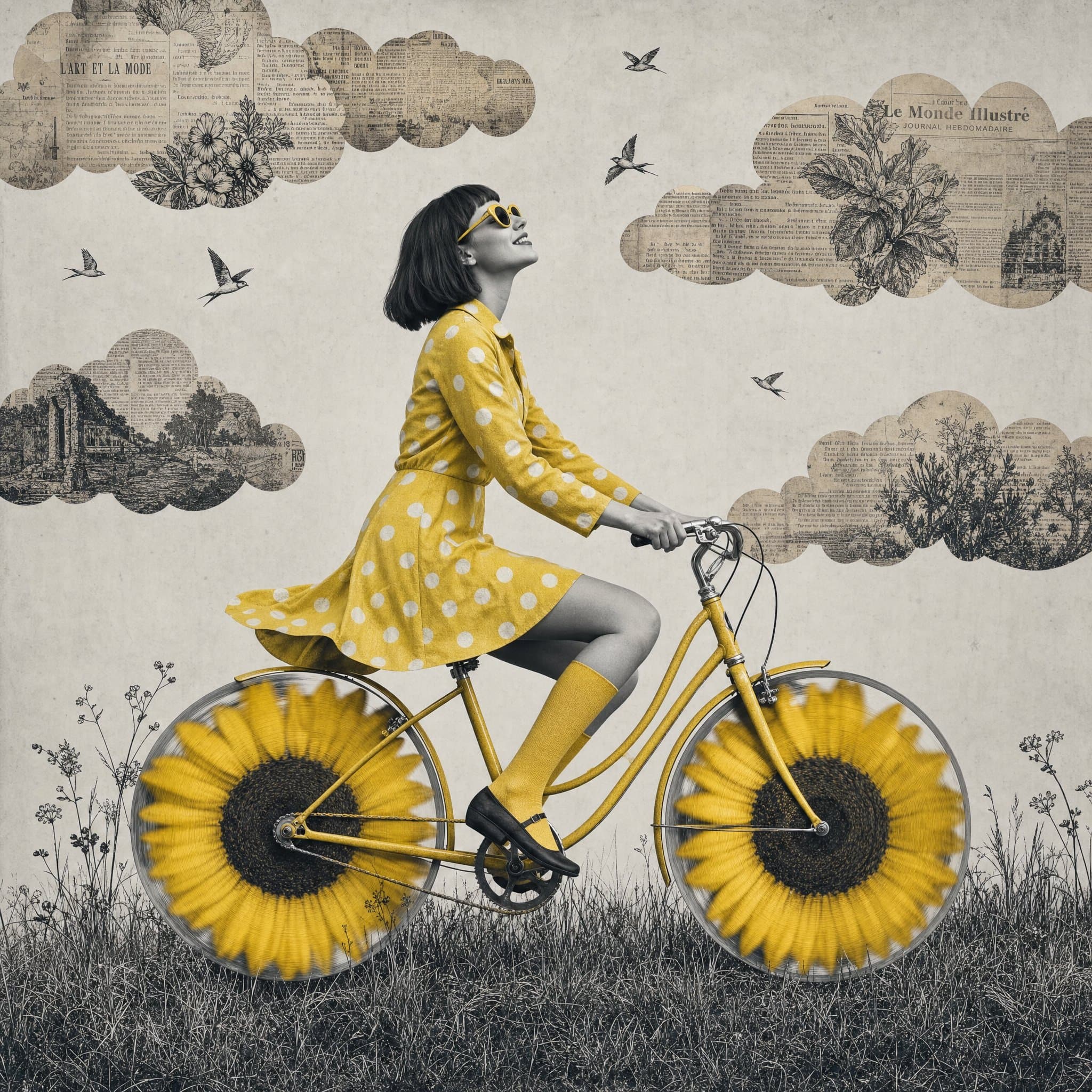 Surreal mixed-media collage artwork, black and white photogr