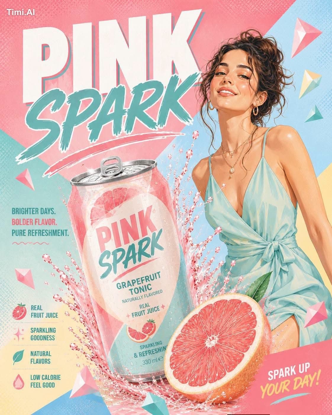 Pastel pop advertising illustration of [HUMAN] beside a tilt