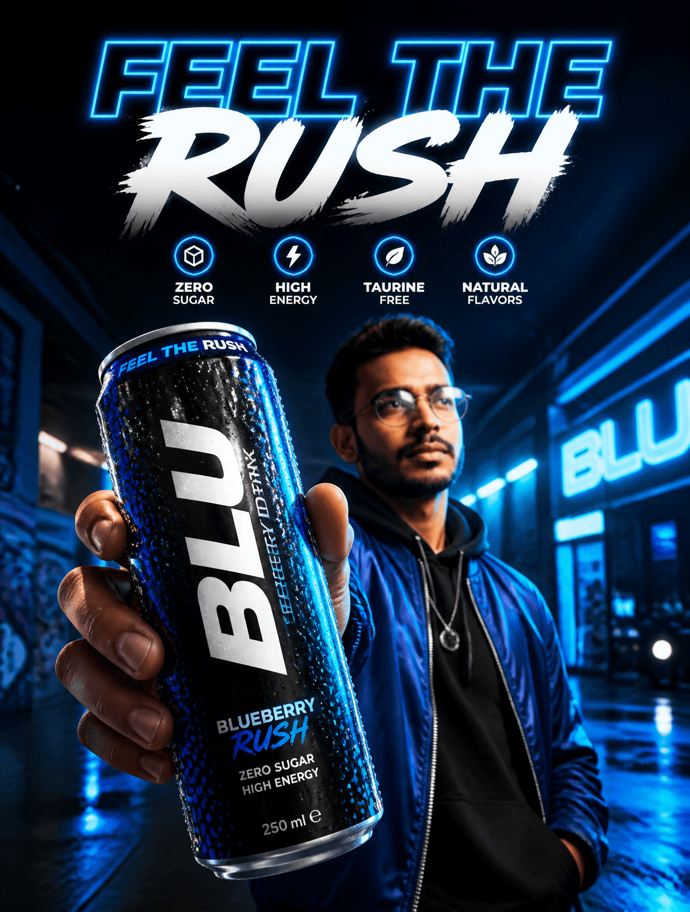 Create a premium high-energy modern beverage advertisement p