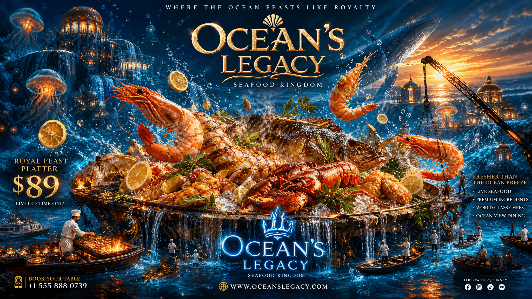 Create an insanely cinematic seafood restaurant advertising