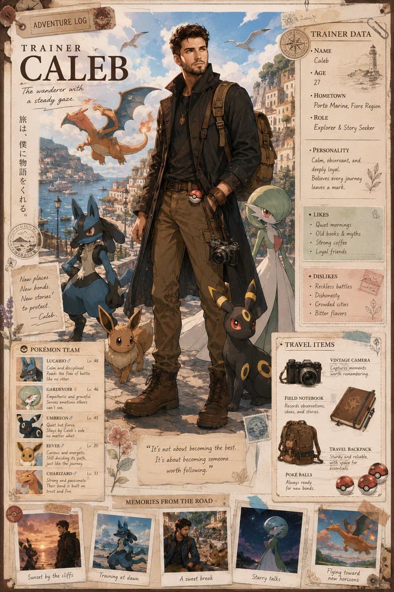 Generate a 'Pokémon Trainer Themed Character Design Poster'.