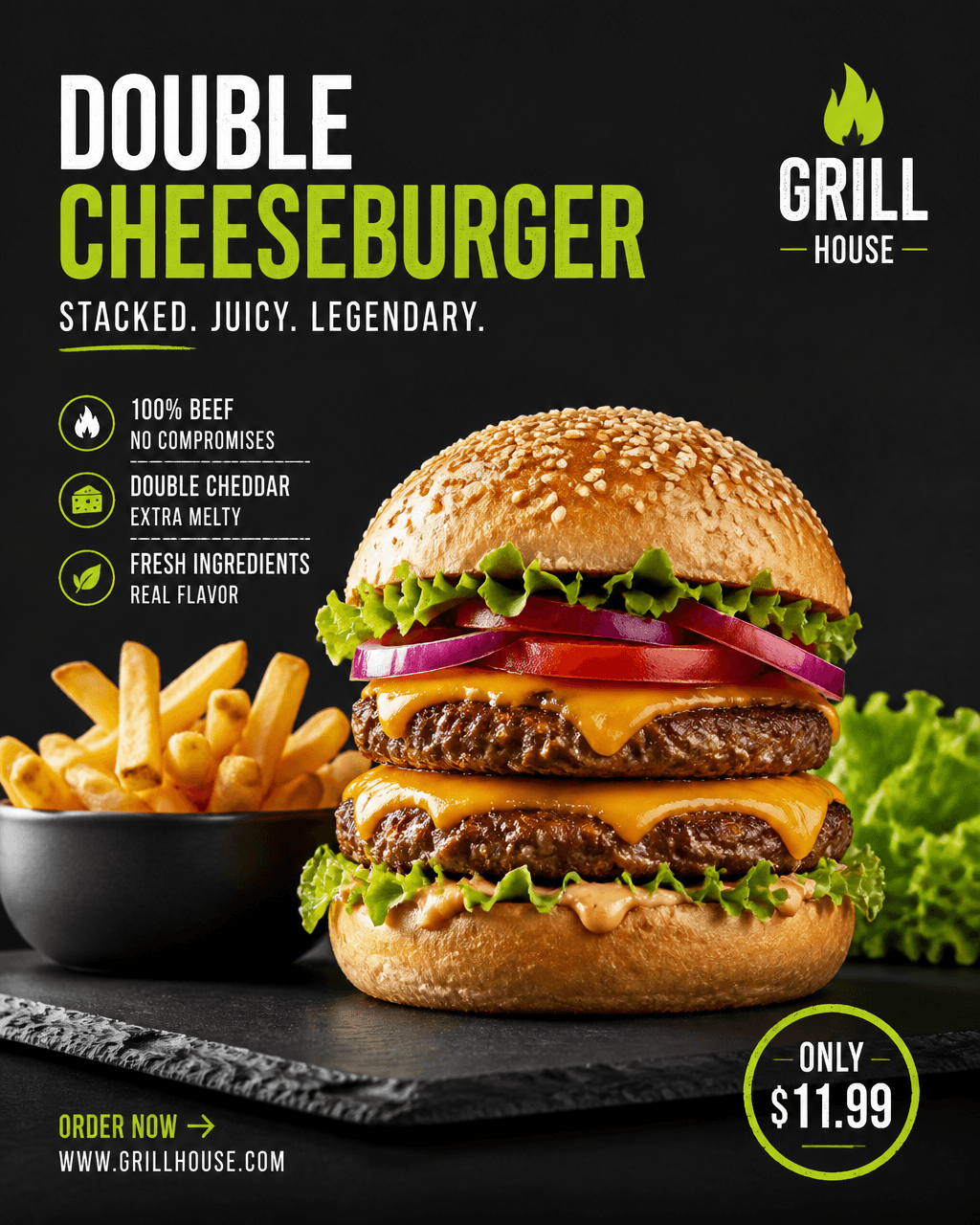 A professional food advertisement features a double-patty ch