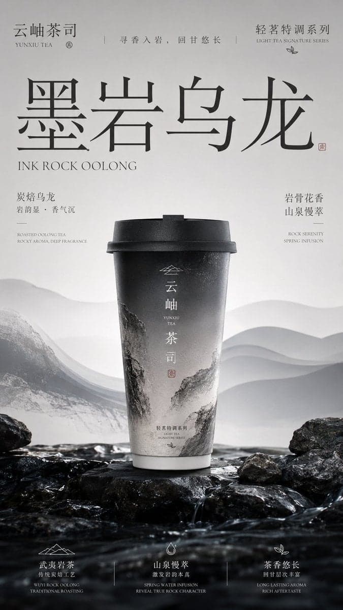 请生成一张竖版 9:16 的高级新中式茶饮品牌包装主视觉海报。每张图片独立生成,不要合并成拼图。
【品牌信息】
品牌名