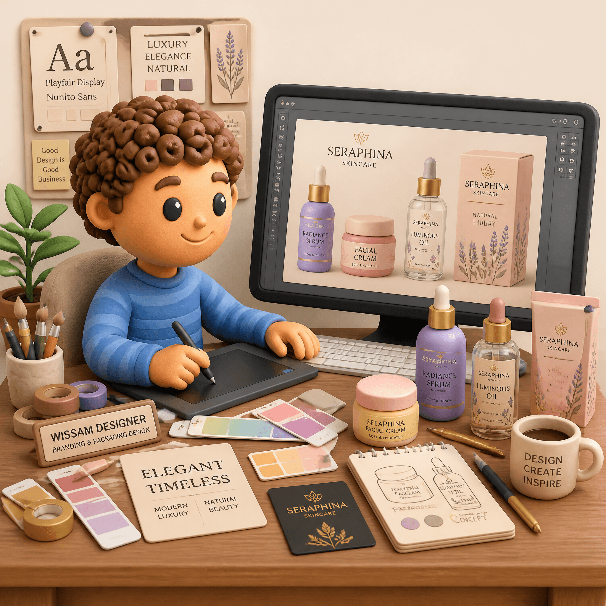 Cute 3D clay illustration of Wissam Designer working on a pr